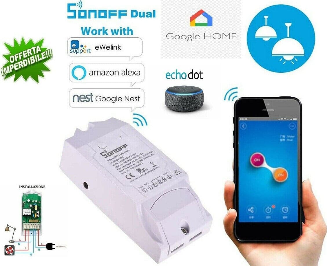 Sonoff DIY Dual R2 switch Interruttore Smart,basic,DOMOTICA WI FI,ALEXA GOOGLE HOME Fai da te/Materiale elettrico/Prese elettriche ed accessori/Spine intelligenti e telecomandate Zencoccostore - Formia, Commerciovirtuoso.it