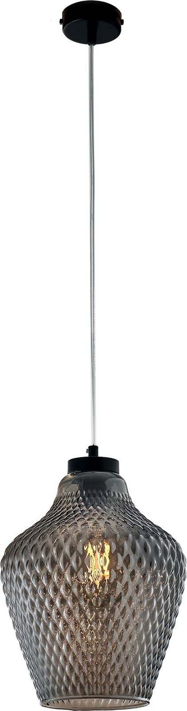 Sospensione-1-Luce-Maya-In-Ferro-Laccato-Nero-E-Vetro-Soffiato-Grigio-Specchiato