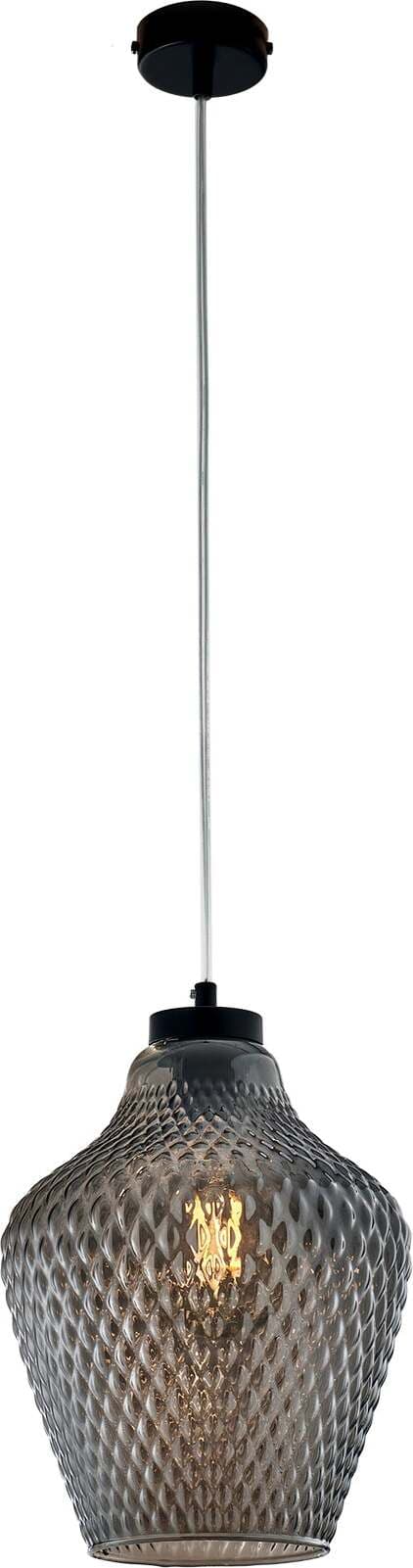 Sospensione-1-Luce-Maya-In-Ferro-Laccato-Nero-E-Vetro-Soffiato-Grigio-Specchiato