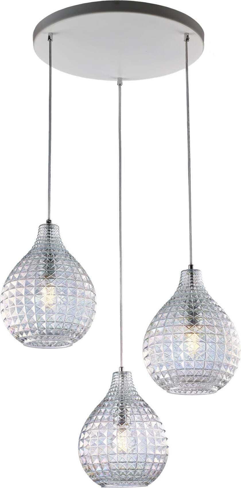 Sospensione-3-Luci-Diamante-In-Ferro-Bianco-E-Vetro-Soffiato-Trasparente