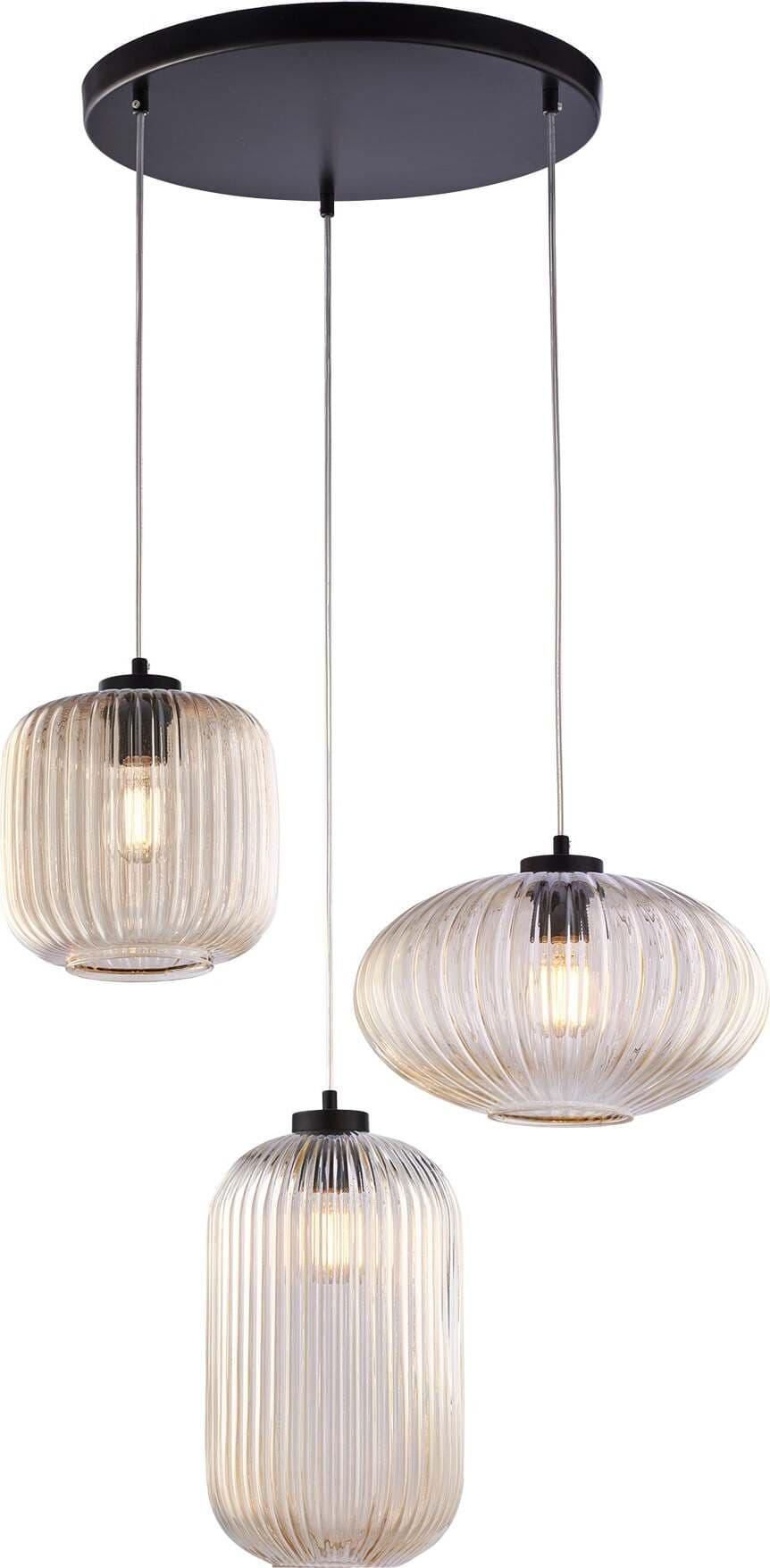 Sospensione-3-Luci-Glamour-Con-Binario-E-Vetro-Soffiato-Ambra-Plissettato