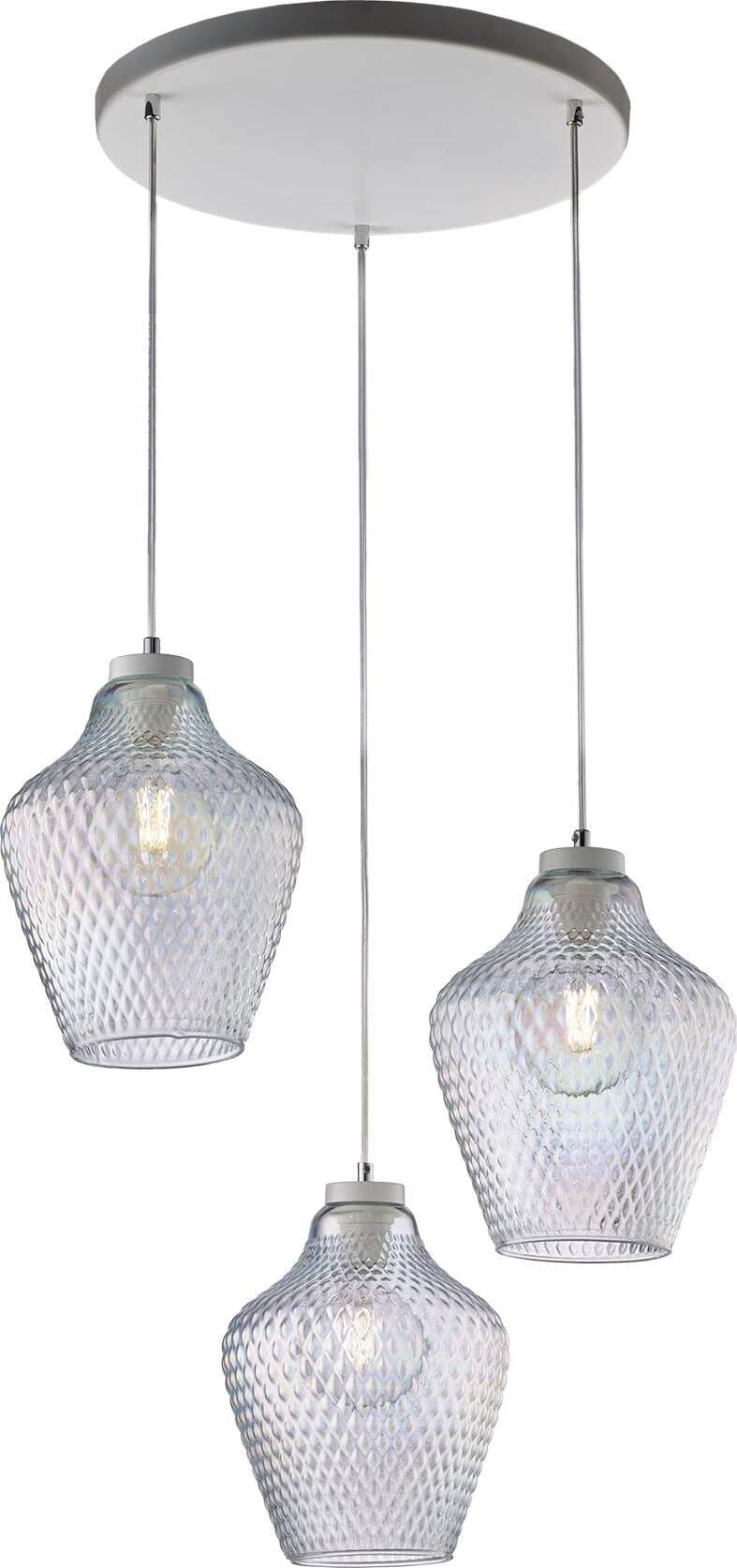 Sospensione-3-Luci-Maya-Ferro-Laccato-Bianco-Vetro-Soffiato-Trasparente-Iridato