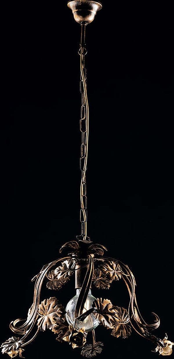 Sospensione-Arte-Povera-1-Luce-con-Foglie-in-Ferro-Marrone-e-Oro-Serie-Iris