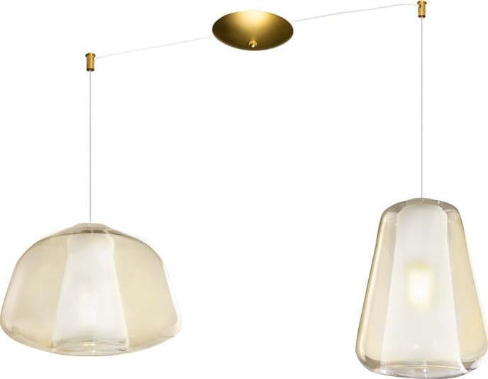Sospensione-Contemp.-Double-Skin-Metallo-Ottone-Sat.-Vetro-B-G-Ambra-2-Luci-E27