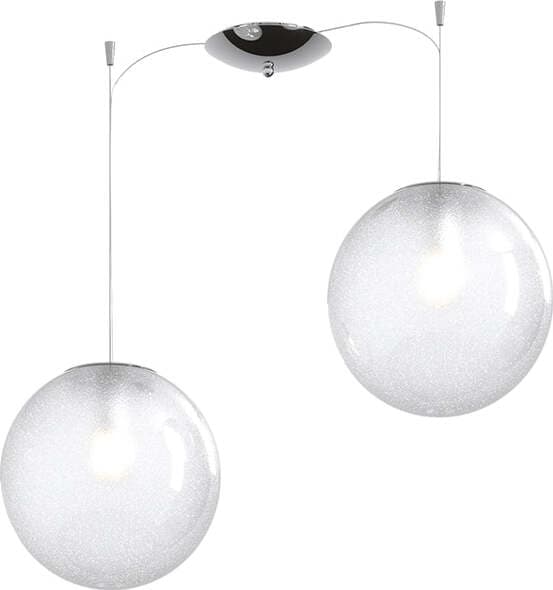 Sospensione-Contemp-Glitter-Metallo-Cromo-Vetro-Soffiato-Trasp-2-Luci-E27-25Cm