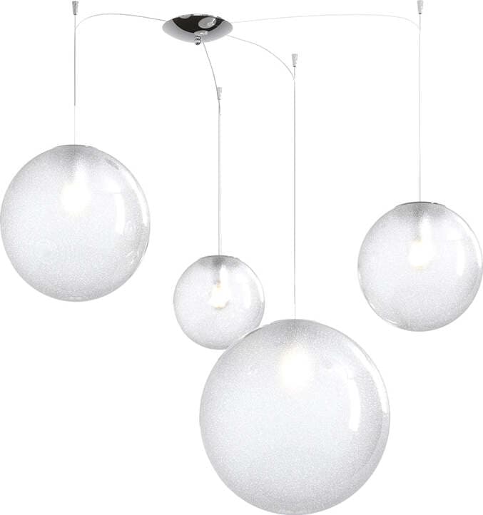 Sospensione-Contemp-Glitter-Metallo-Cromo-Vetro-Soffiato-Trasp-4-Luci-E27-Mix