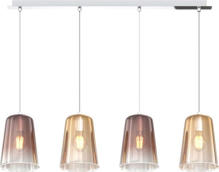 Sospensione-Contemp.-Rett.-Shaded-Metallo-Cromo-Vetro-Ambra-E-Rame-4-Luci-E27