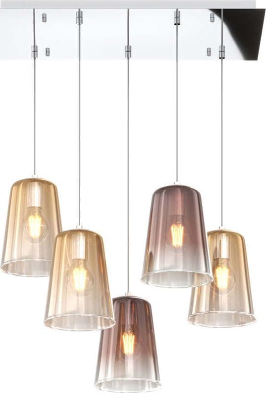 Sospensione-Contemp.-Rett.-Shaded-Metallo-Cromo-Vetro-Ambra-E-Rame-5-Luci-E27