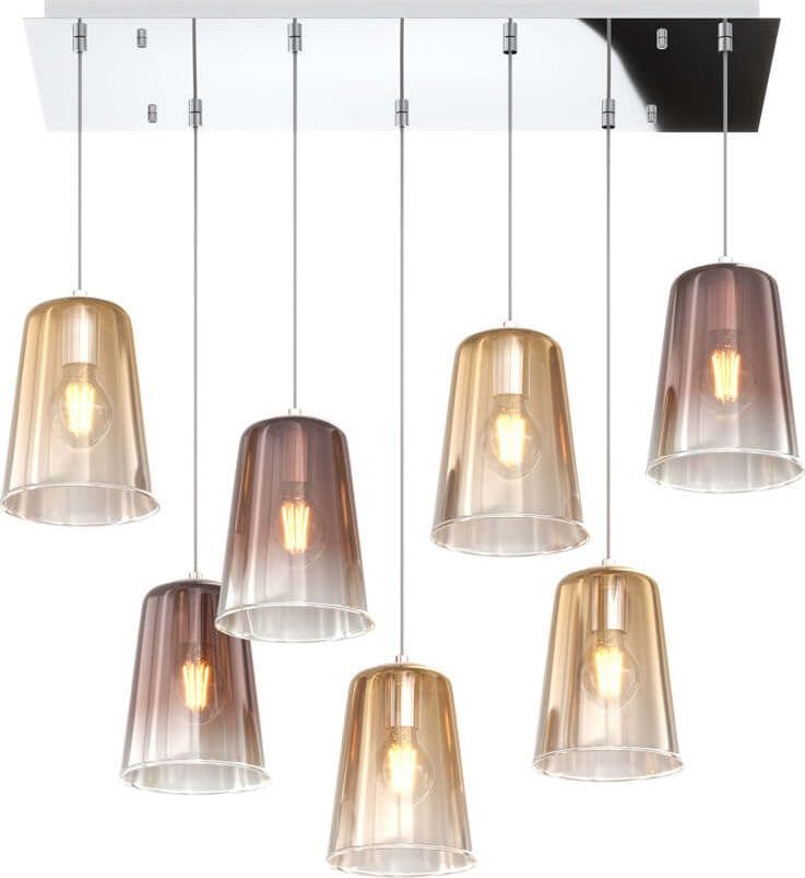 Sospensione-Contemp.-Rett.-Shaded-Metallo-Cromo-Vetro-Ambra-E-Rame-7-Luci-E27