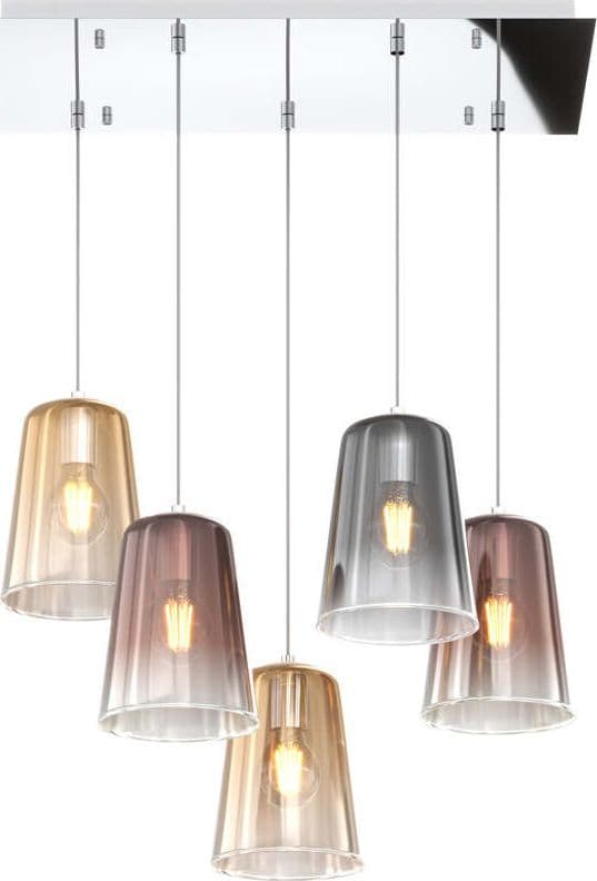 Sospensione-Contemp.-Rett.-Shaded-Metallo-Cromo-Vetro-Multicolor-5-Luci-E27