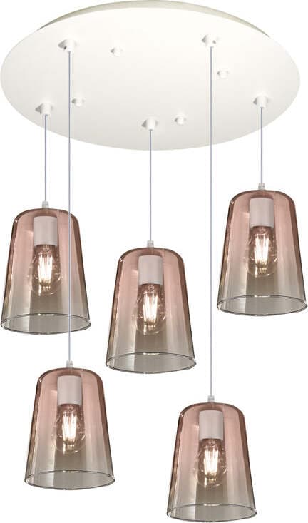Sospensione-Contemp.-Rosone-Tondo-Shaded-Metallo-Bianco-Vetro-Rame-5-Luci-E27