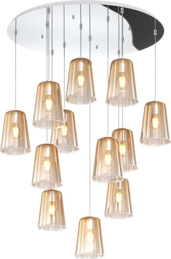 Sospensione-Contemp.-Rosone-Tondo-Shaded-Metallo-Cromo-Vetro-Ambra-12-Luci-E27