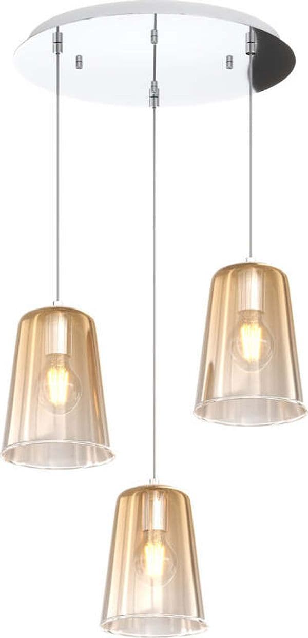 Sospensione-Contemp.-Rosone-Tondo-Shaded-Metallo-Cromo-Vetro-Ambra-3-Luci-E27