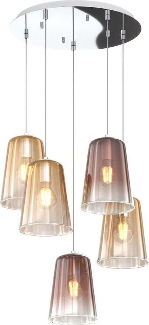 Sospensione-Contemp.-Rosone-Tondo-Shaded-Metallo-Cromo-Vetro-Ambra-E-Rame-5-Luci