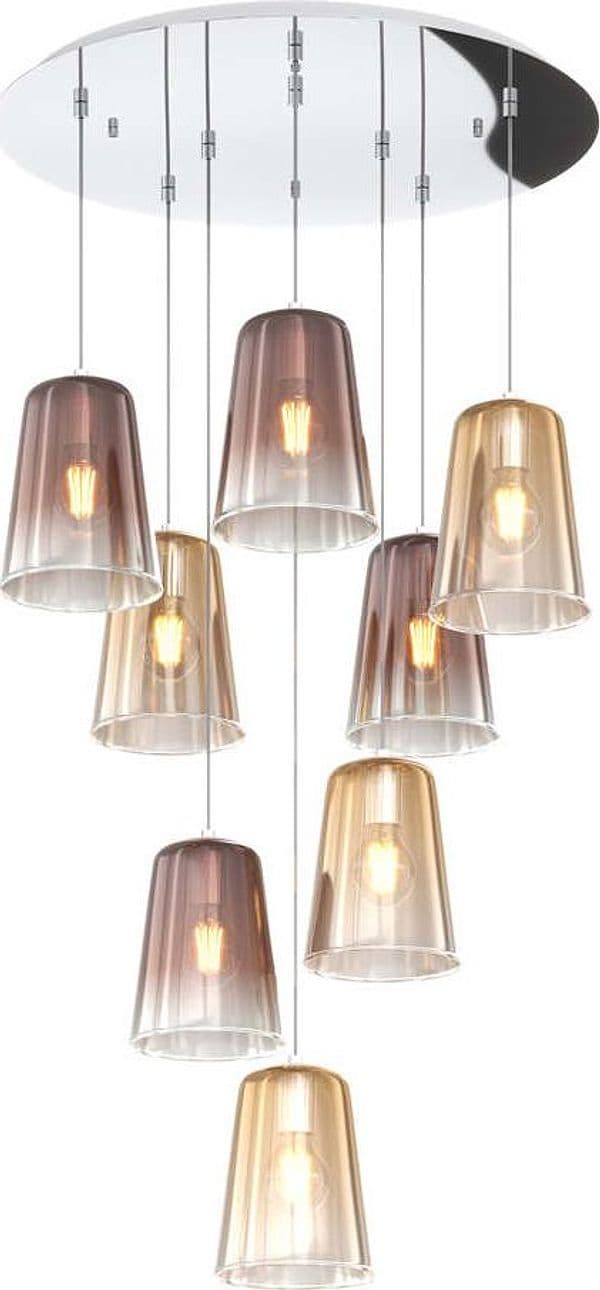 Sospensione-Contemp.-Rosone-Tondo-Shaded-Metallo-Cromo-Vetro-Ambra-E-Rame-8-Luci