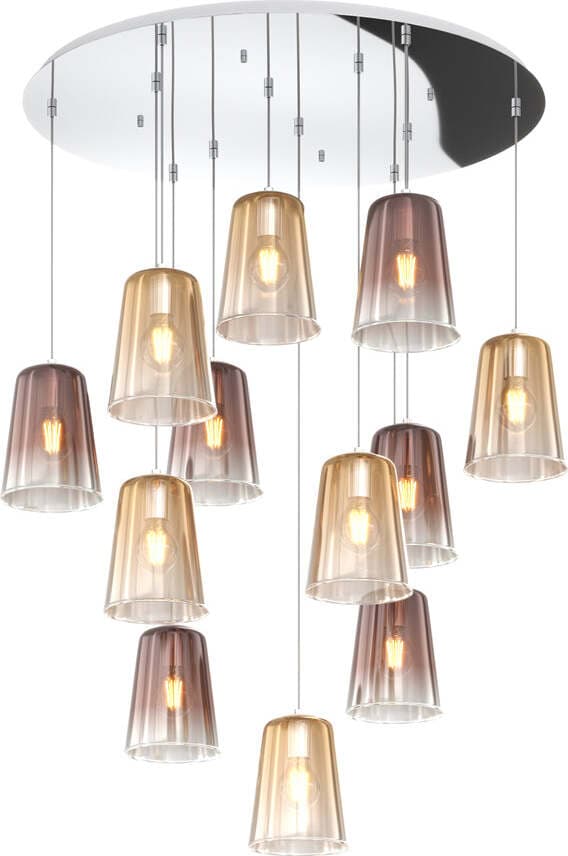 Sospensione-Contemp.-Rosone-Tondo-Shaded-Metallo-Cromo-Vetro-Ambra-Rame-12-Luci
