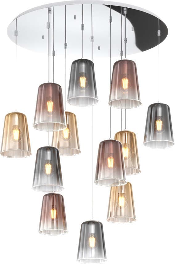 Sospensione-Contemp.-Rosone-Tondo-Shaded-Metallo-Cromo-Vetro-Multicolor-12-Luci