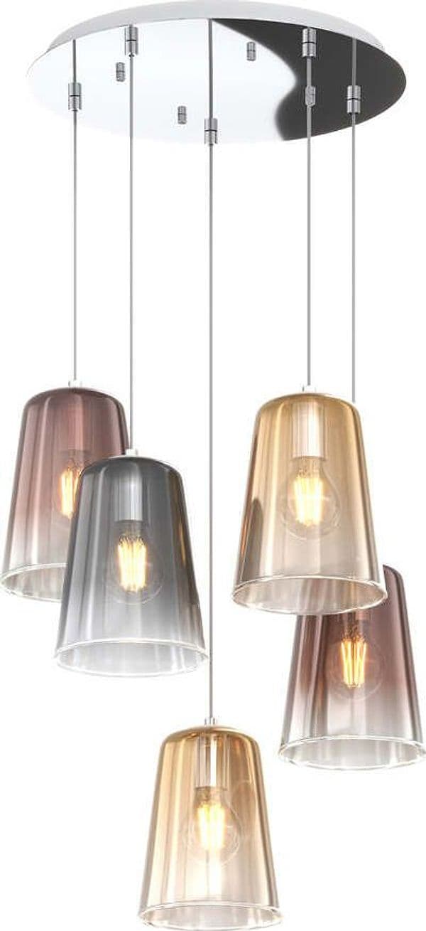 Sospensione-Contemp.-Rosone-Tondo-Shaded-Metallo-Cromo-Vetro-Multicolor-5-Luci