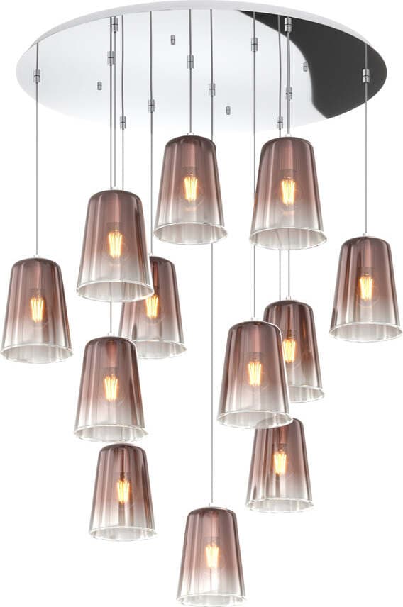 Sospensione-Contemp.-Rosone-Tondo-Shaded-Metallo-Cromo-Vetro-Rame-12-Luci-E27