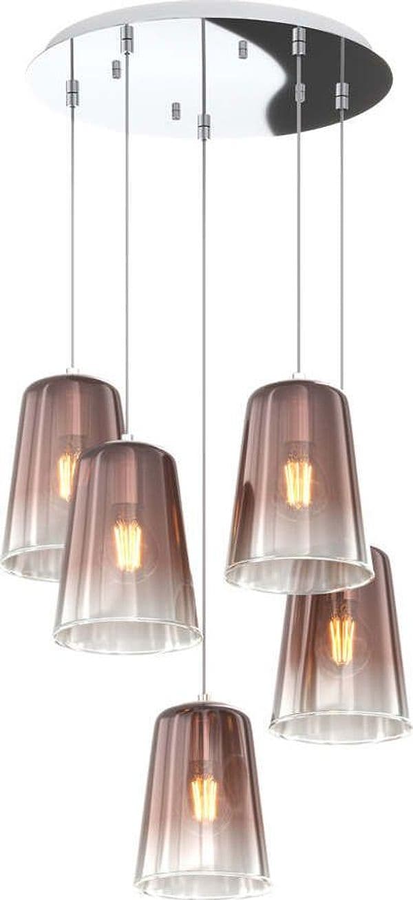 Sospensione-Contemp.-Rosone-Tondo-Shaded-Metallo-Cromo-Vetro-Rame-5-Luci-E27