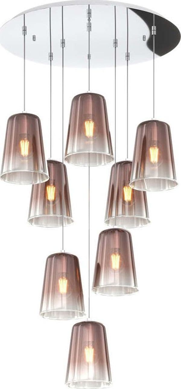 Sospensione-Contemp.-Rosone-Tondo-Shaded-Metallo-Cromo-Vetro-Rame-8-Luci-E27