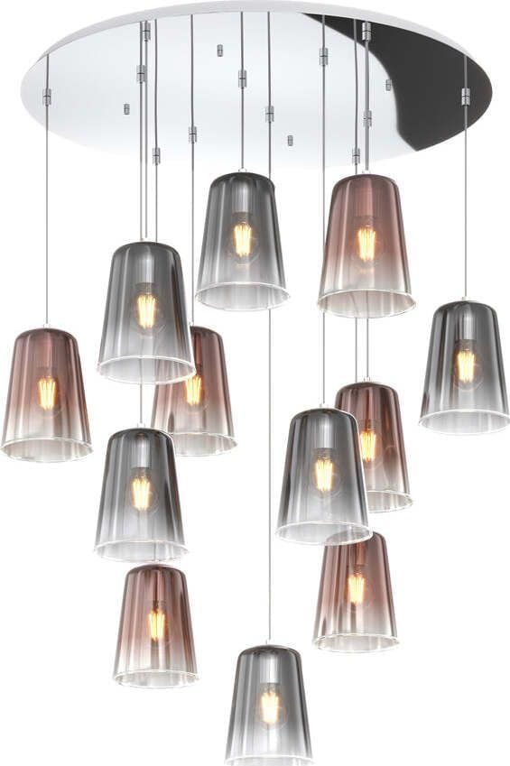Sospensione-Contemp.-Rosone-Tondo-Shaded-Metallo-Cromo-Vetro-Rame-Cromo-12-Luci