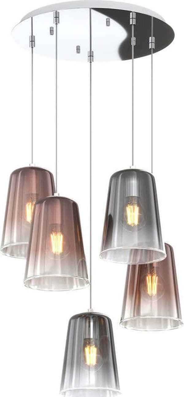 Sospensione-Contemp.-Rosone-Tondo-Shaded-Metallo-Cromo-Vetro-Rame-E-Cromo-5-Luci