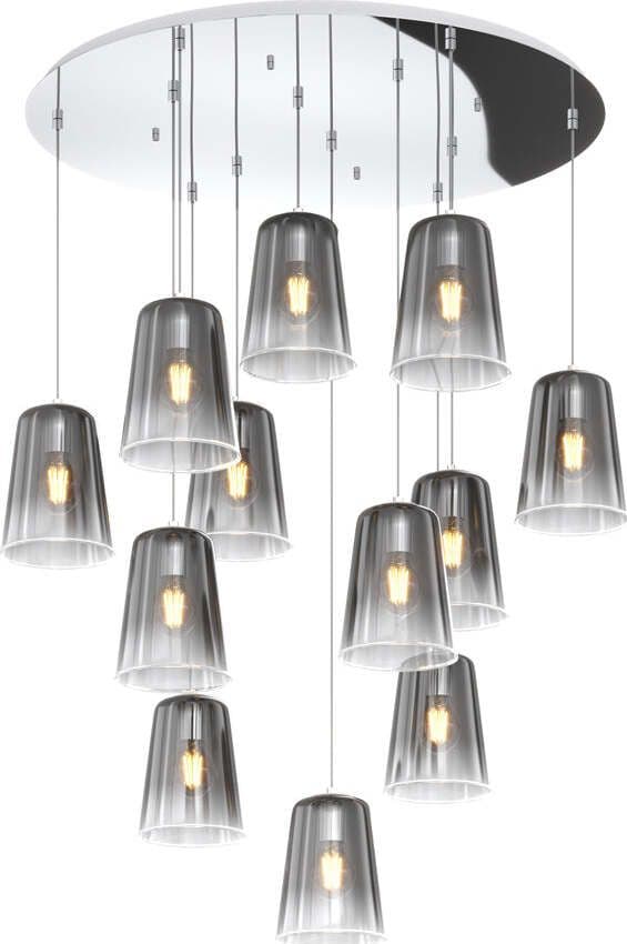 Sospensione-Contemp.-Rosone-Tondo-Shaded-Metallo-E-Vetro-Cromo-12-Luci-E27