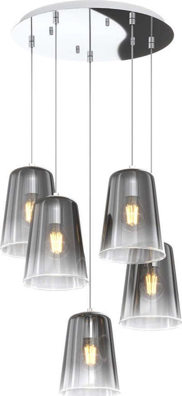 Sospensione-Contemp.-Rosone-Tondo-Shaded-Metallo-E-Vetro-Cromo-5-Luci-E27