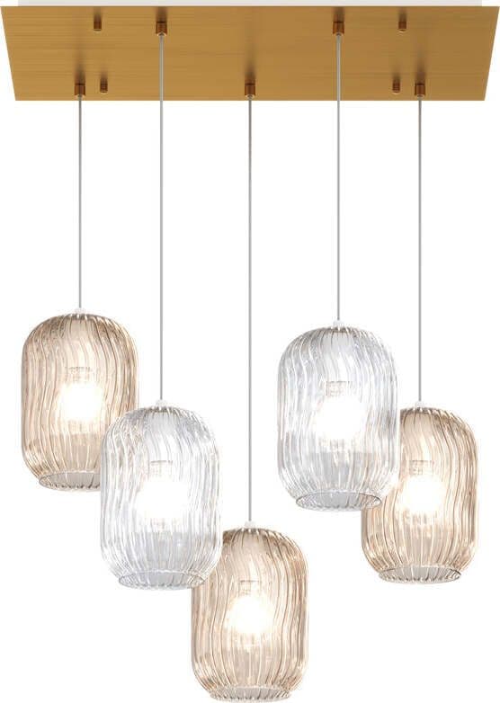 Sospensione-Contemp-Tender-Metallo-Ottone-Sat-Vetro-Trasparente-Ambra-5-Luci-E27