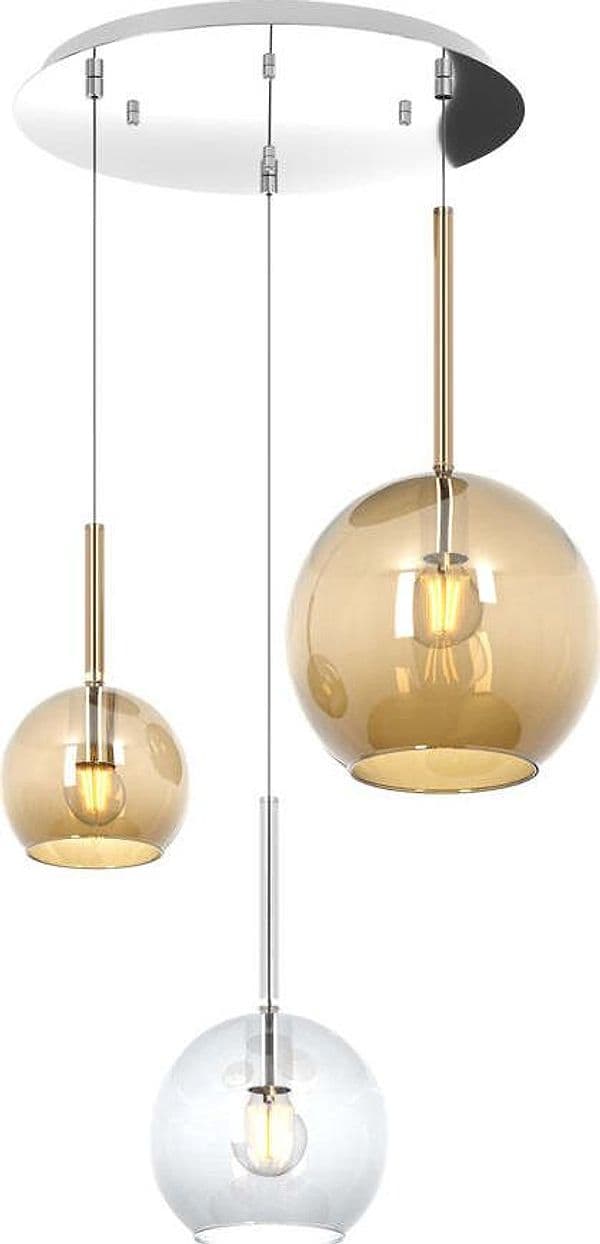 Sospensione-Contemp.-Tonda-Future-Metallo-Cromo-Vetro-Trasp.-E-Ambra-3-Luci-E27