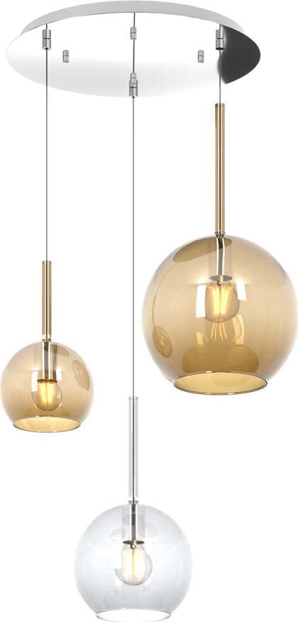 Sospensione-Contemp.-Tonda-Future-Metallo-Cromo-Vetro-Trasp.-E-Ambra-3-Luci-E27