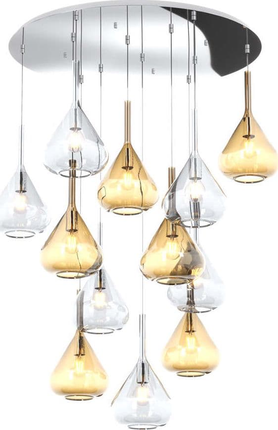 Sospensione-Contemp-Tonda-Kona-Metallo-Cromo-Vetro-Trasparente-Ambra-12-Luci-E27