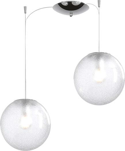Sospensione-Contemporanea-Glitter-Metallo-Cromo-Vetro-Soffiato-Trasp-2-Luci-E14