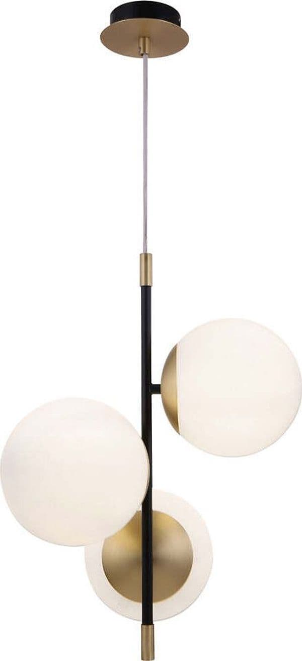 Sospensione-Contemporanea-Nostalgia-Metallo-Oro-Opaco-3-Luci-Diffusori-Bianchi