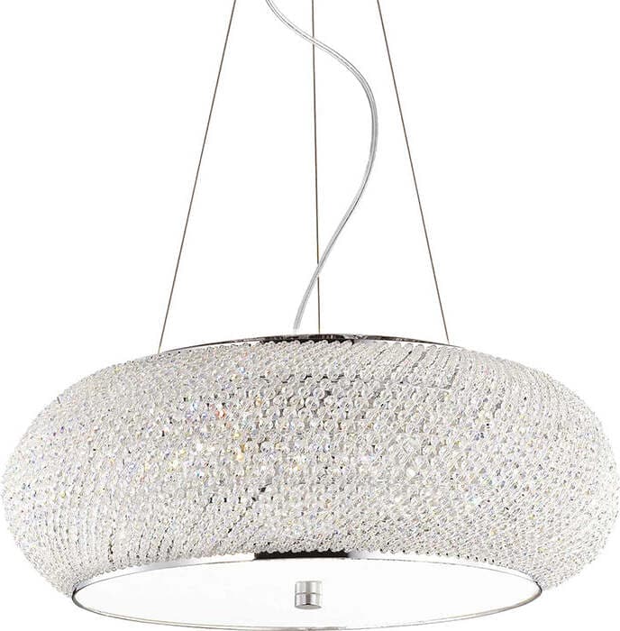 Sospensione-Contemporanea-Pasha'-Metallo-Cristallo-Cromo-10-Luci-E14