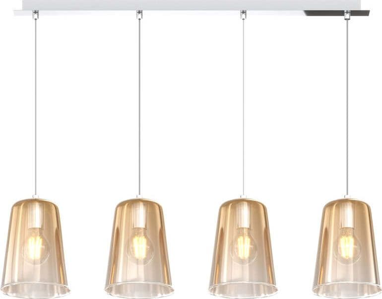 Sospensione-Contemporanea-Rett.-Shaded-Metallo-Cromo-Vetro-Ambra-4-Luci-E27