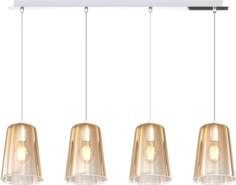 Sospensione-Contemporanea-Rett.-Shaded-Metallo-Cromo-Vetro-Ambra-4-Luci-E27