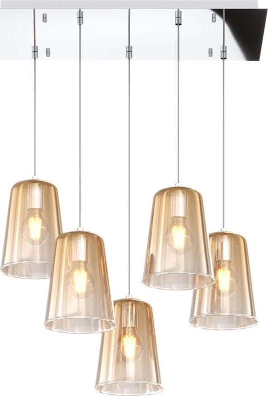 Sospensione-Contemporanea-Rett.-Shaded-Metallo-Cromo-Vetro-Ambra-5-Luci-E27