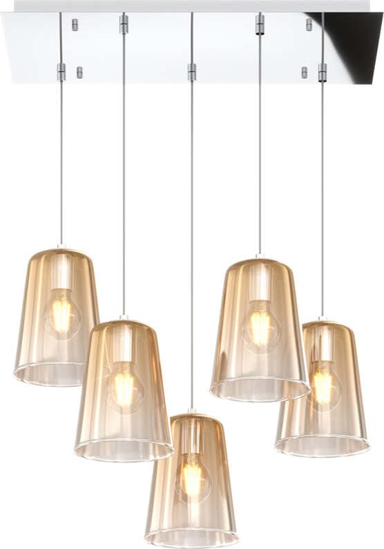 Sospensione-Contemporanea-Rett.-Shaded-Metallo-Cromo-Vetro-Ambra-5-Luci-E27