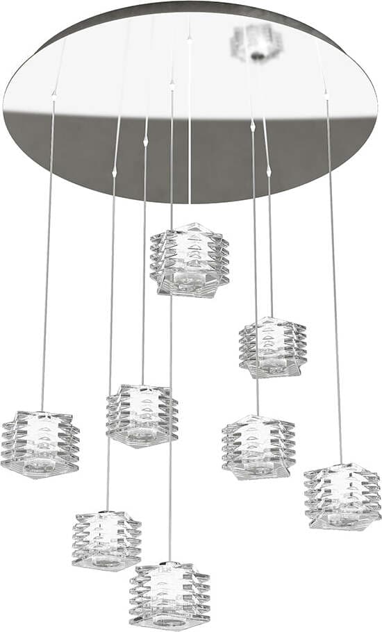 Sospensione-Contemporanea-Rubik-Metallo-Cromo-Diffusore-Cristallo-8-Luci-G9