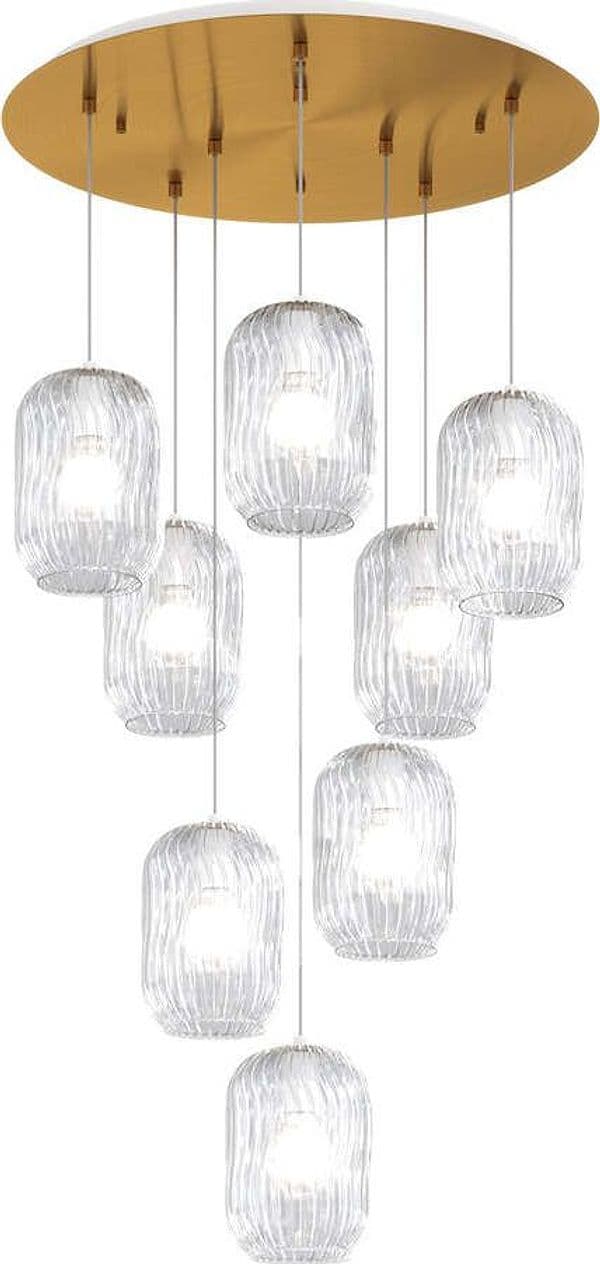Sospensione-Contemporanea-Tender-Metallo-Ottone-Satinato-Vetro-Trasp-8-Luci-E27