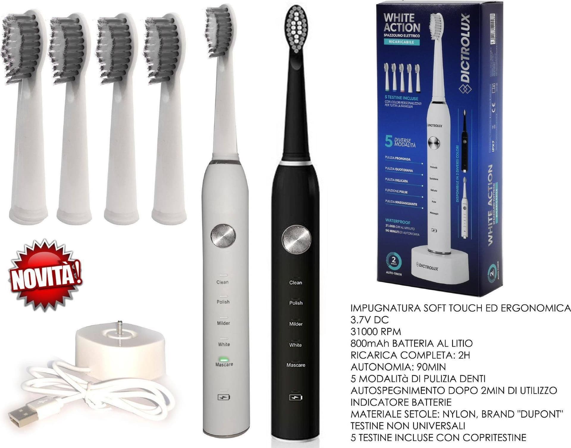 SPAZZOLINO ELETTRICO RICARICABILE A BATTERIA 5 MODALITà DI PULIZIA DENTI TESTINE