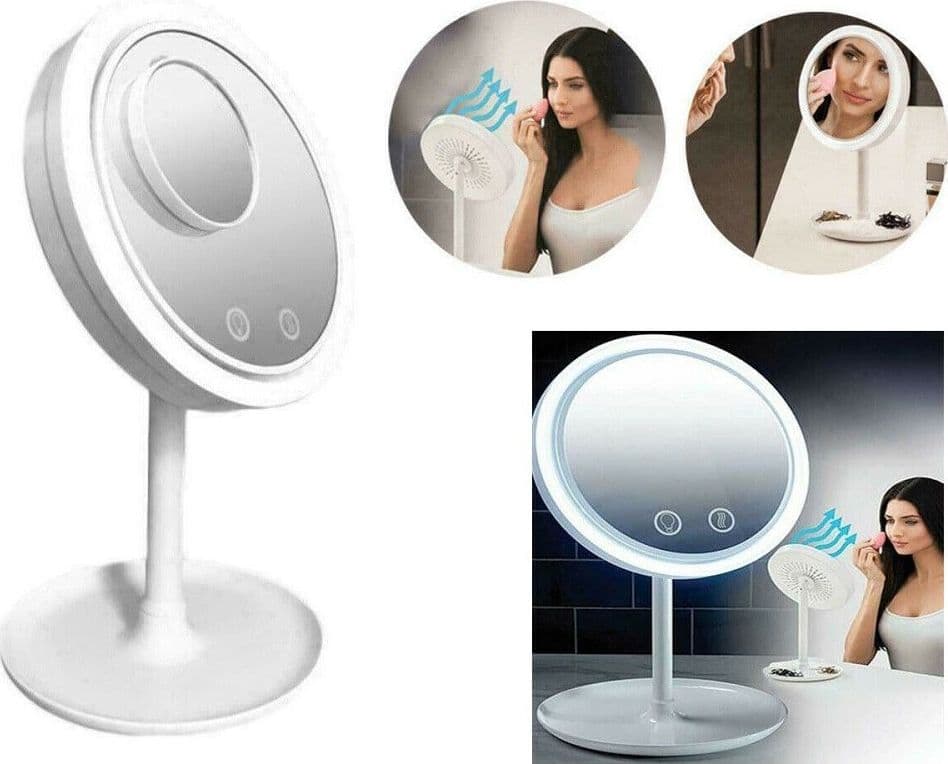 SPECCHIO TRUCCO A LED ILLUMINATO + VENTOLA ASCIUGA TRUCCO 2 SPECCHI 1X 5X