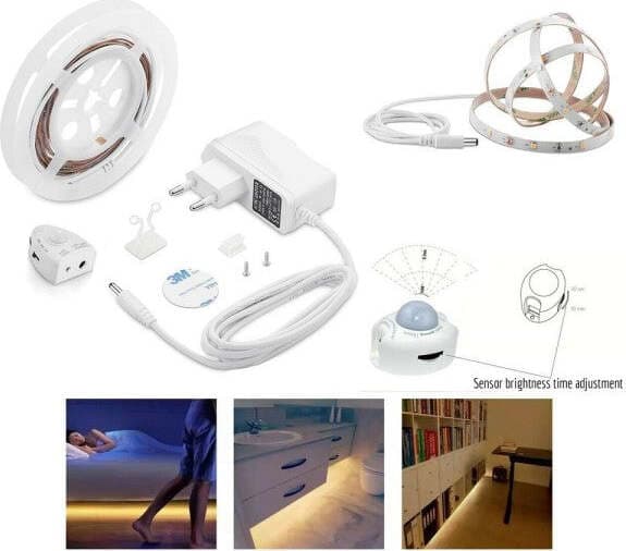 Striscia-Led-Con-Sensore-Di-Movimento-Luce-Bianca-6000k-Armadi-Bordo-Letto-12v-0,5a