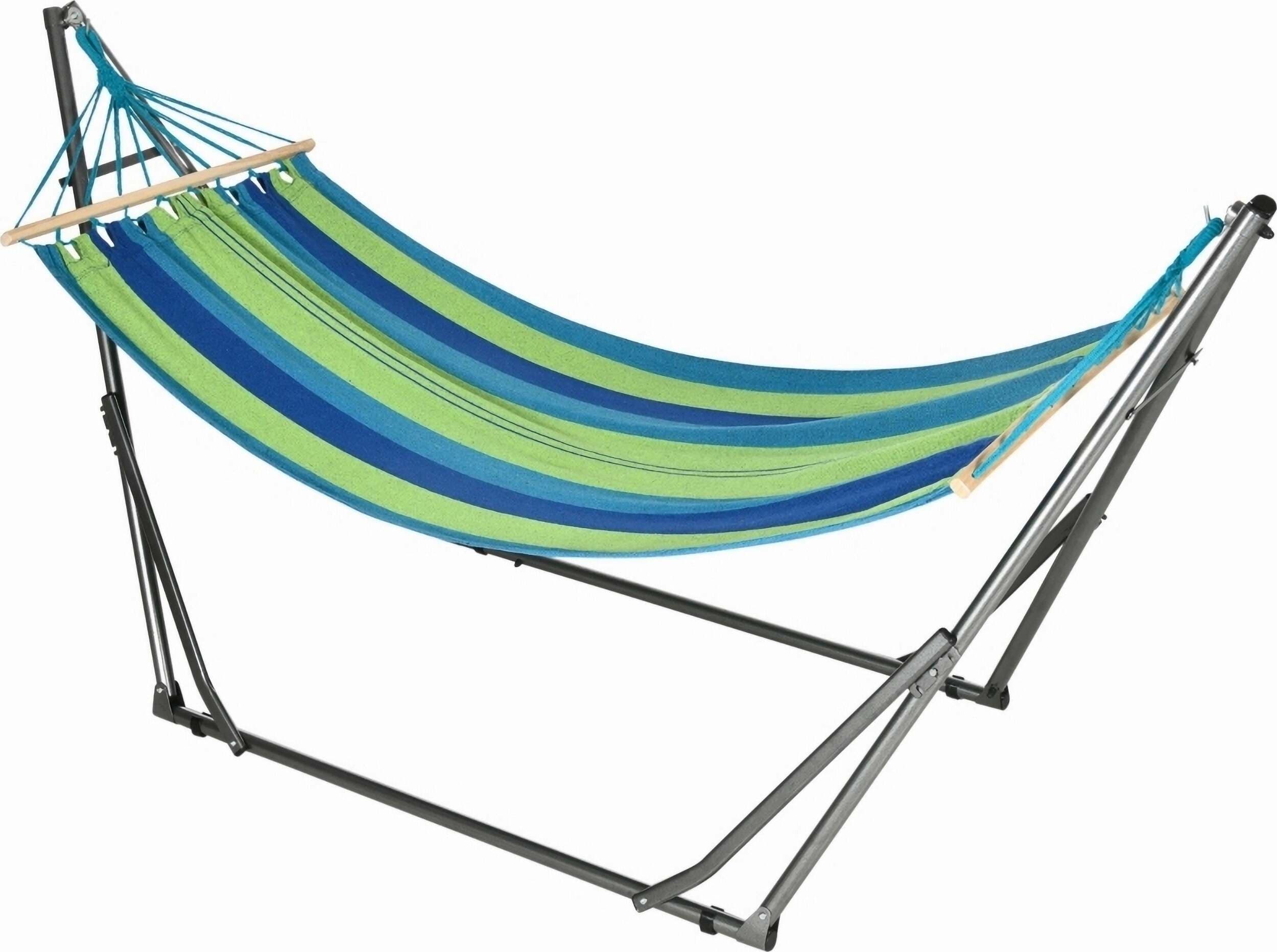 Supporto Con Amaca Autoportante Pieghevole In Cotone E Acciaio, 270x100x94cm Giardino e giardinaggio/Arredamento da giardino e accessori/Amache sedie sospese e accessori/Amache And Home - Acerra, Commerciovirtuoso.it