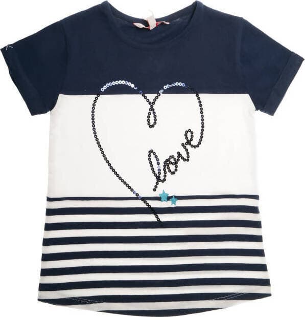 T-Shirt Bimba Estiva Mezze Maniche Righe Bianca e Blu Maglia Girocollo Bambina Maniche Corte Estate Cuore Paillettes Glitter Brillantini fashion t-shirt bambina/ragazza Piccole Canaglie - Tropea, Commerciovirtuoso.it