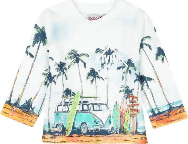 T-Shirt Bimbo Bianca 100% Cotone Stampata Palme Maglia Maniche Lunghe Multi Color Bambino Girocollo Colorata Maglietta t-shirt baby maschio Piccole Canaglie - Tropea, Commerciovirtuoso.it