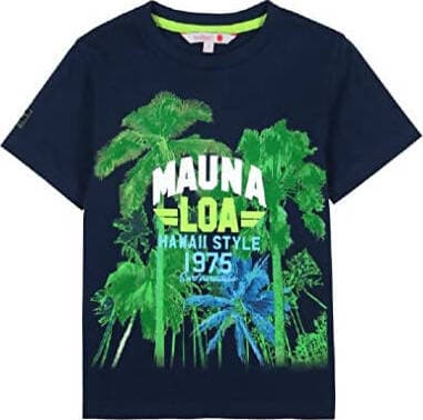 T-Shirt Estiva Bambino Blu Stampa Palme Maglia Mezze Maniche Girocollo Verde Maglietta Colorata 100% Cotone Bimbo Estiva t-shirt bambino/ragazzo Piccole Canaglie - Tropea, Commerciovirtuoso.it