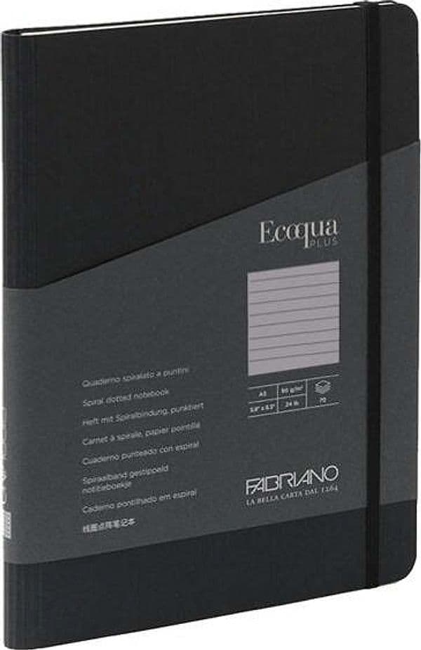 Taccuino EcoQua Plus - con elastico - spiralato - A5 - 70 fogli - righe - nero - Fabriano Cancelleria e prodotti per ufficio/Carta blocchi e quaderni/Blocchi appunti taccuini e diari/Blocchi appunti e taccuini Eurocartuccia - Pavullo, Commerciovirtuoso.it